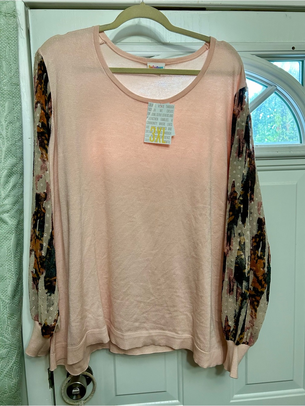 LuLaRoe Light Pink Knit Top with Printed Sheer Balloon Sleeves
